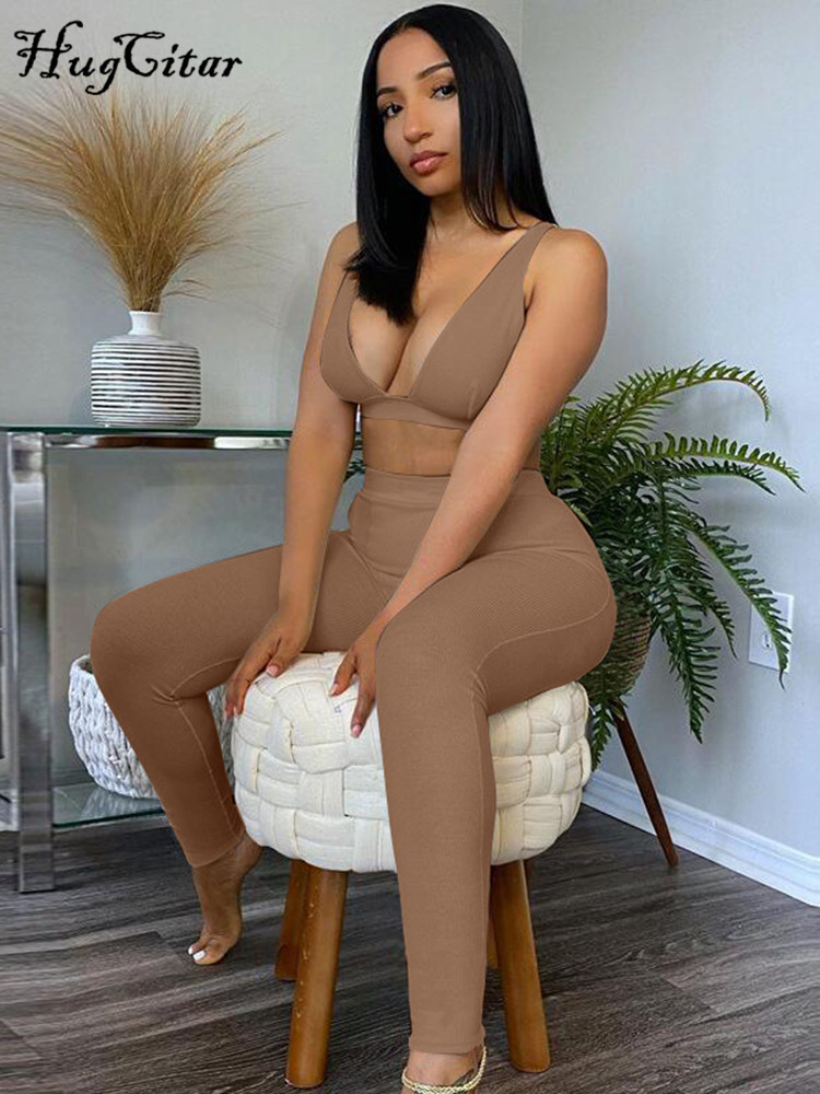 Hugcitar Sleeveless VNeck Crop Tops Leggings 2 Pieces Set Winter Women Fashion Streetwear Outfits Sportswear Tracksuit 220602