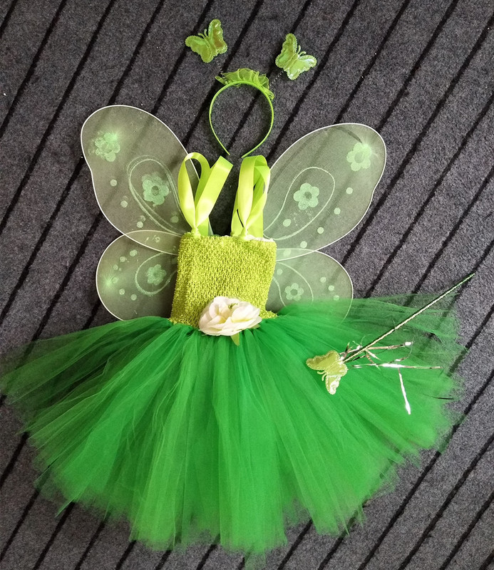Girls Green Fairy Flower Tutu Dress Kids Fluffy 2Layer Tulle Tutus with Butterfly Wing Headband Set Children Cosplay Party 220422