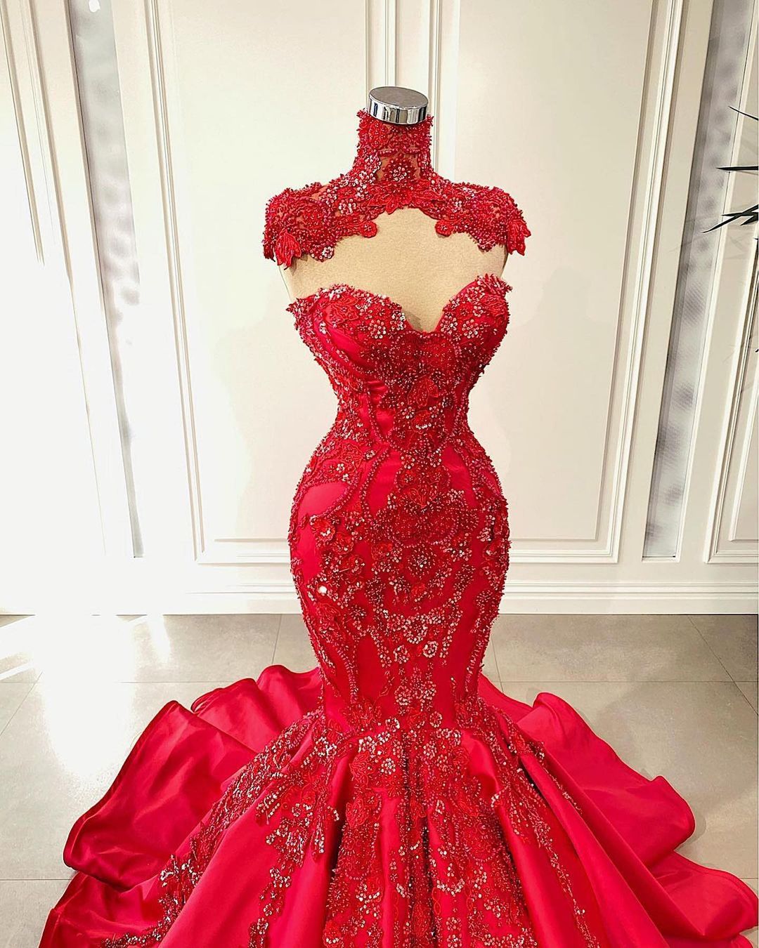 Red Mermaid Wedding Dress with Sleeveless High Collar Applique: Custom Made Formal Ocn Gown