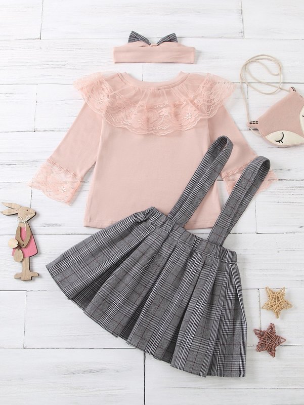 Toddler Girls Lace Panel Tee & Plaid Skirt & Headband SHE