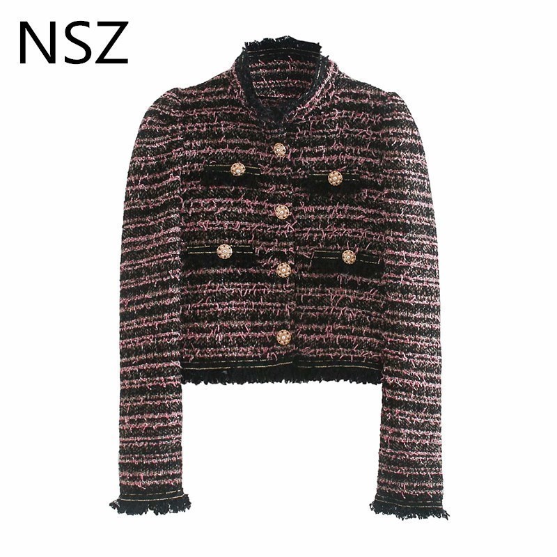 NSZ women houndstooth tweed cropped jacket long sleeve tassel plaid short coat pearl button contrast color motorcycle jacket 201023