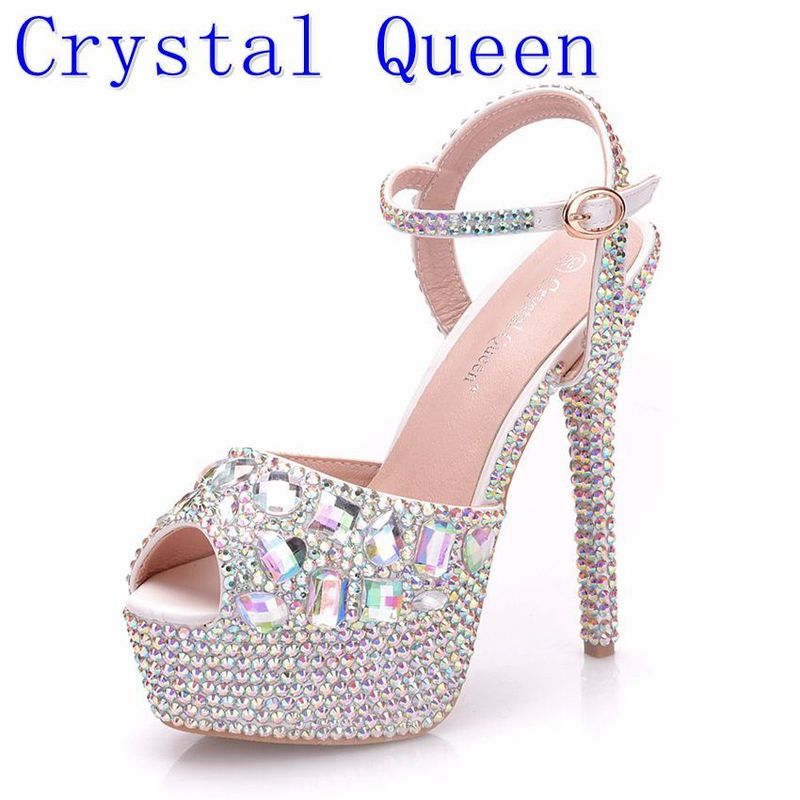 Crystal Queen Diamond Women Super High Heels Wedding Pumps 14cm Peep Shoes Platform 4CM Wristband Colorful Stiletto 220506