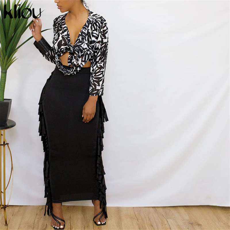 Kliou Side Tassel Women Skirt Elegant Unique Robe Straight Skinny Hight Waist Stretchy Streetwear Style Female Clothes 220317