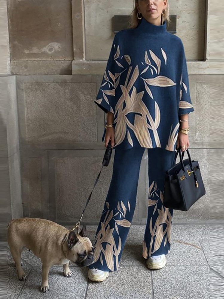 Women Loungewear Long Sleeve Wide Leg Pants Outfit Spring Autumn Turtleneck Loose Print Ladies 2PCS Set Plus Size 4XL Streetwear 220315