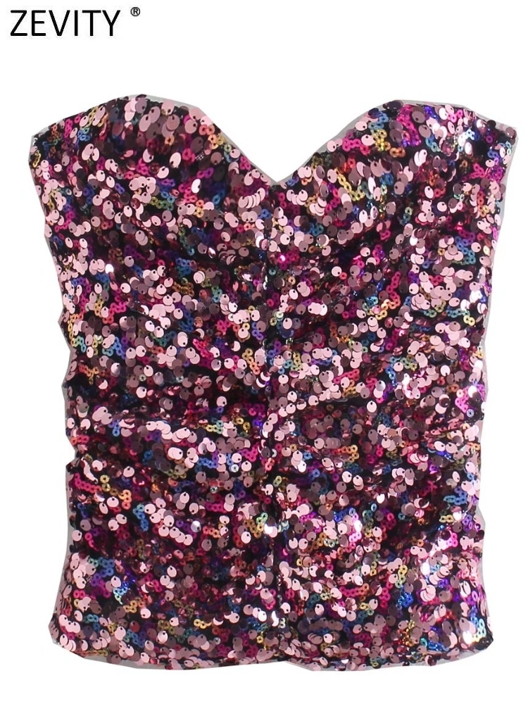 Zevity Women Summer Y2K Party Purple Sleeveless Tube Cami Off Shoulder Club Corset Tank Lady Strapless Sequin Crop Tops LS9958 220329