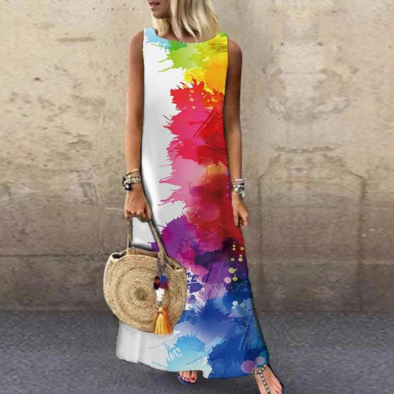 Vintage Floral Printed Women Sleeveless Sundress Summer Loose Casual Beach Long Dress Ladies Bohemia Maxi Dresses Party Vestidos 220426