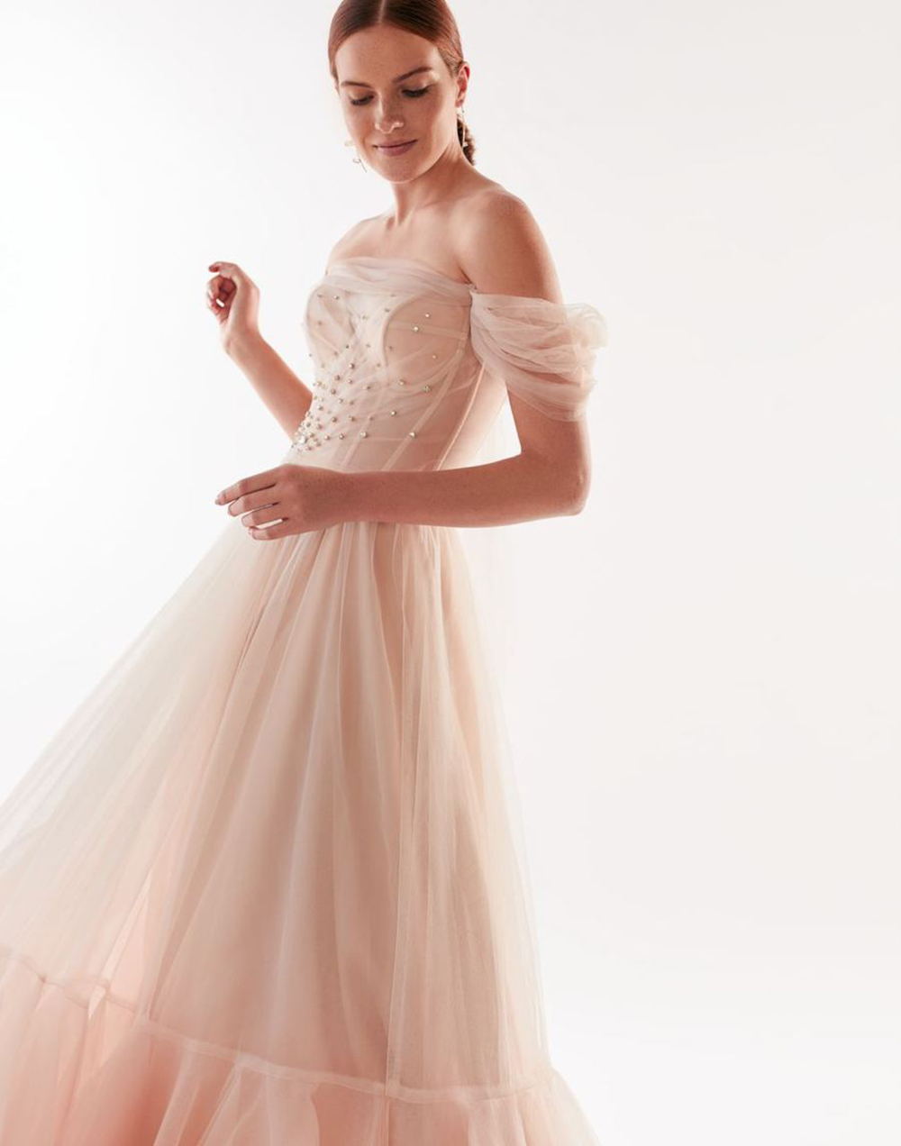 Light Pink A-line Prom Dresses Sexy Bateau Neck Lace Ruffles Off Shoulder Sequins Diamond High Waist Cap Sleeve Elegant Sweep Train Evening Formal Dre