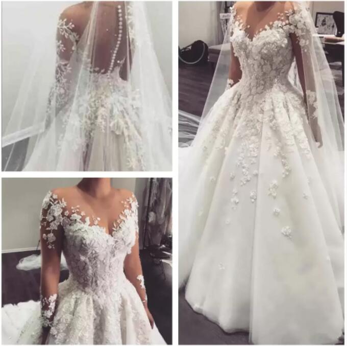 Elegant Lace A-E Wedding Gowns With Sheer Long Sleeves, Tulle Appliques, 3D Ral Beading, And Sweep Train Ba9793