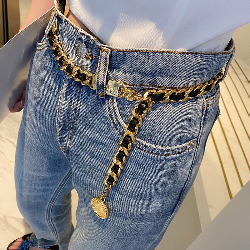 Belts Belts Baroque Gold Plated Copper Snake Link Calfskin Waist Chains With Coin Pendent Vintage Black Metal Real Leather Adjustable Belt AA