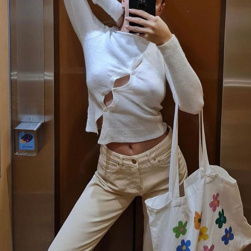 Cryptographic Long Sleeve Spring Autumn Knitted Women Tops Sweaters T Shirts Elegant Hollow Out Top Tees Streetwear Y2K Clothes 220728