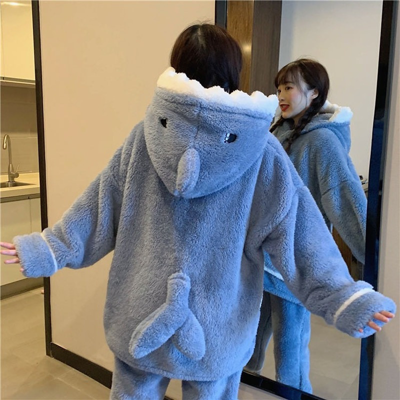 QWEEK Shark Women's Pajamas Flannel Hooded Sleepwear Kawaii Pijama Female Set with Pants Cute Pyjamas Halloween Party Loungewear 220329