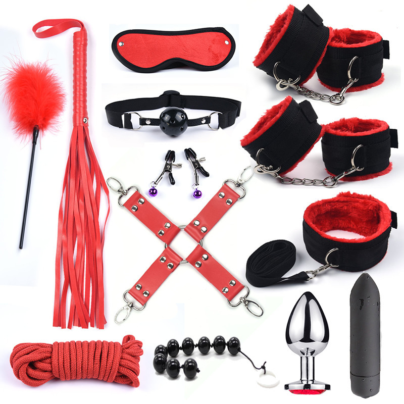 Bdsm 10 Speeds Vibrator Bondage Set Metal Sex Toys for Women Men Handcuffs Nipple Clamps Whip Spanking Rope 220330