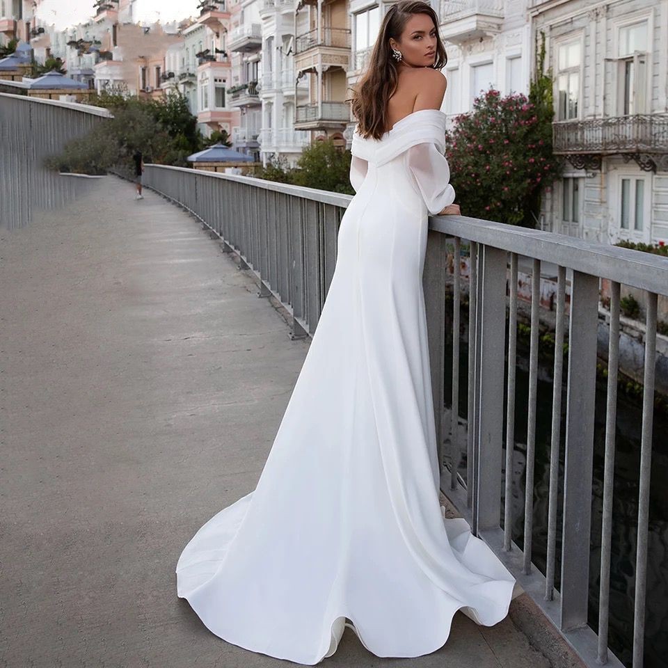 Satin Mermaid Wedding Dresses 2022 Long Fuff Sleeve Sexy Beach Bride Off The Shoulder Boho Bridal Gowns Vestidos De Noiva