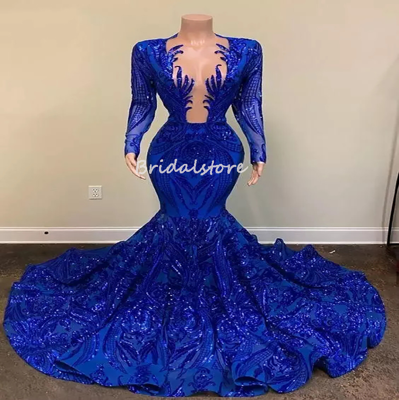 Sparkle Royal Blue Black Girls Prom Dresses 2022 Sequined Mermaid Long Sleeve Evening Dress African Aso Ebi Trumpet Formal Party Gowns Plus Size Pagea