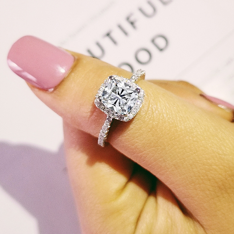 Sterg Sier Pink Cubic Zirconia Cushion Engagement Ring for Women Wedding Band