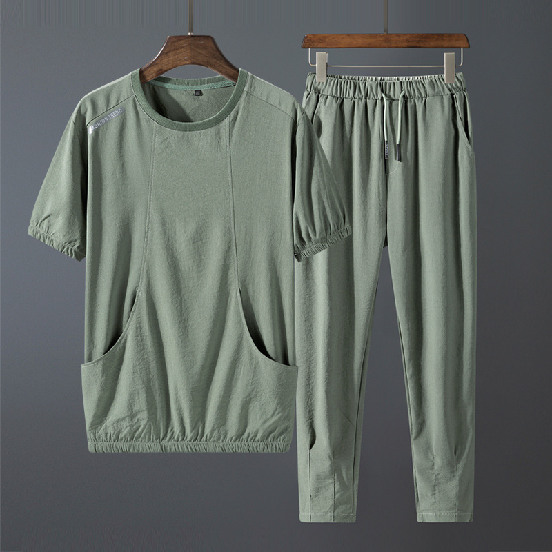 Mens Sports Leisure Suit Ice Silk Summer Korean Trend Shortsleeved Fashion Mens Clothing 220611