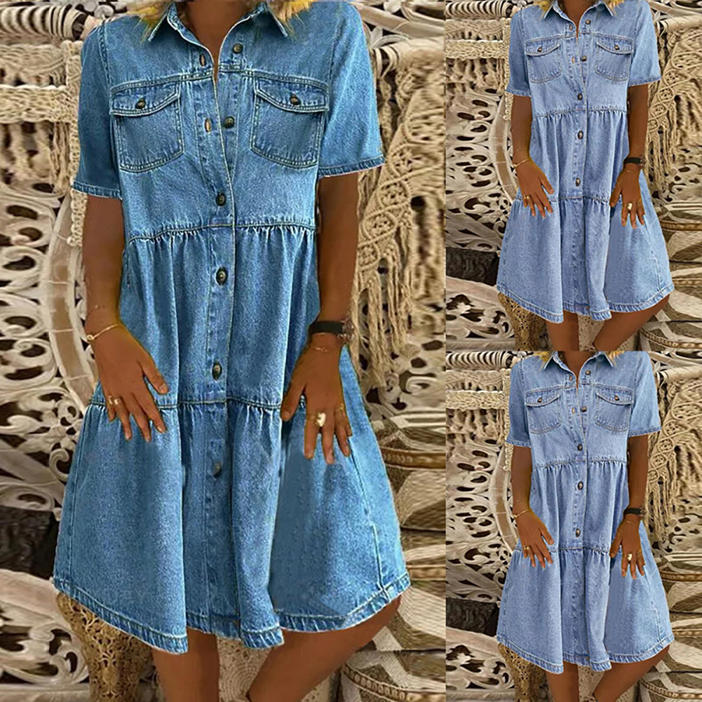 Summer Women Knee Length Dress Fashion Turn-down Collar Short Sleeve Denim Shirt Dress Lady Vintage Loose Dark Blue Jean Dresses
Summer Women Knee Length Dress Fashion Turn-down Collar Short Sleeve Denim Shirt Dress Lady Vintage Loose Dark Blue Jean Dresses
