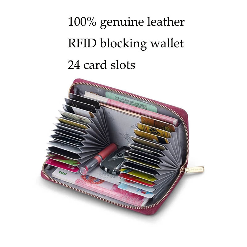 Genuine Leather Wallets Women Zipper RFID Blocking Clutch Bag 24/30 card slots Credit Card Holder Long Men purse 220421