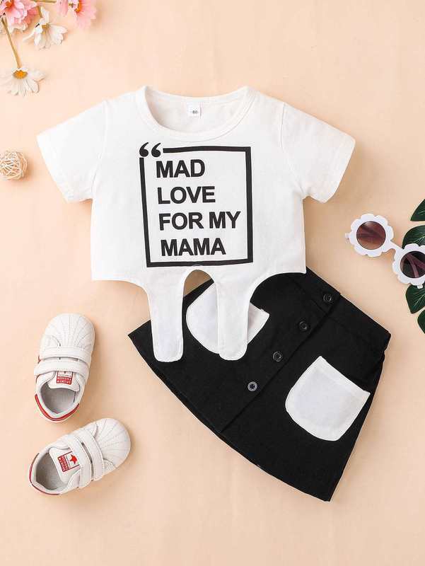 Toddler Girls Slogan Graphic Asymmetrical Hem Tee & Dual Pocket Skirt SHE