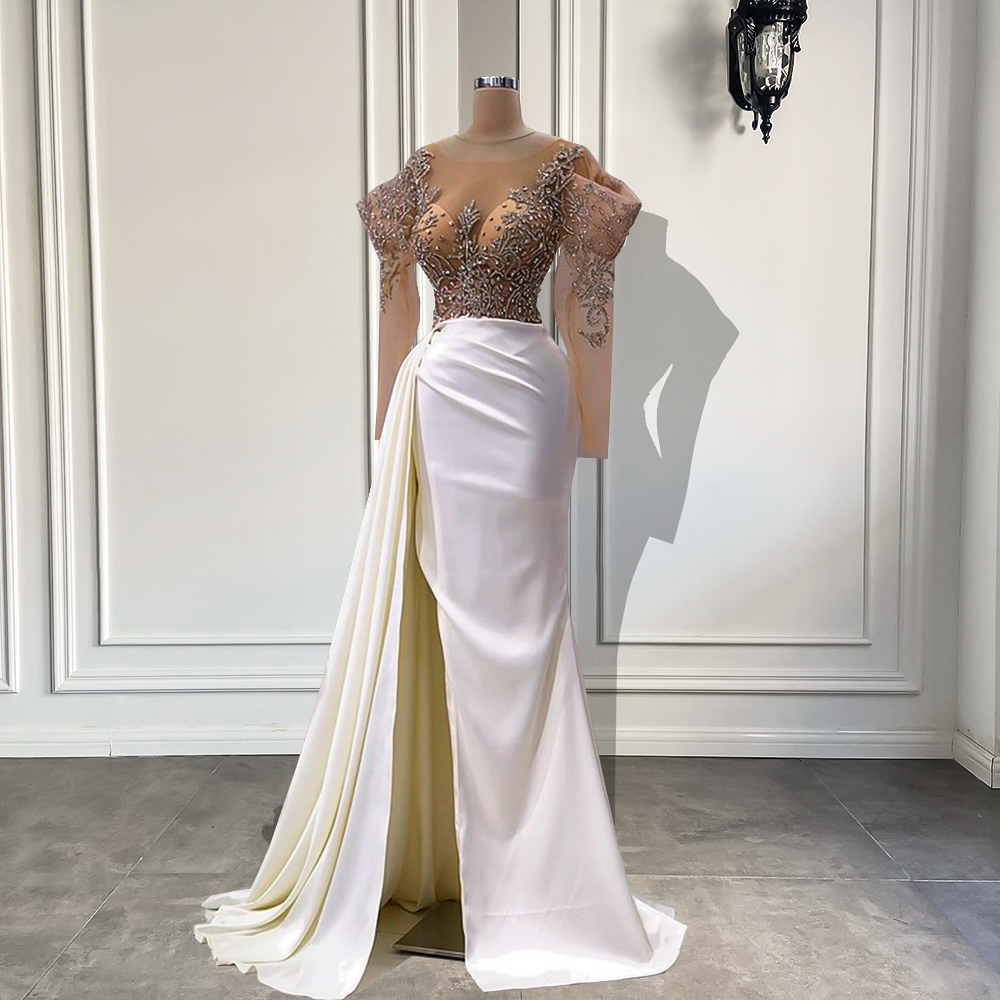 Luxury Evening Dresses Sheer Long Sleeve High Slit Sparkly Beaded Crystals White Satin Women Dubai Formal 2022 Special Occasion Dresses