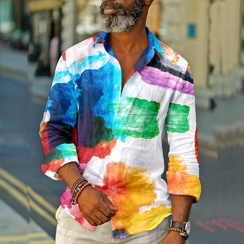 Spring Summer Casual Loose Long Sleeve Shirts Mens Vintage Pattern Printed Shirt For Men Fashion Buttoned Lapel Tops Streetwear 220322