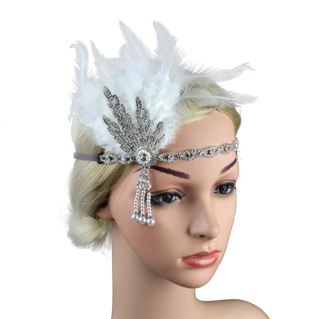 1920s Flapper Headband bridal Feather Headpiece Roaring 20s Great Gatsby Inspired Leaf Medallion Pearl Headband Women wedding Hair Accessories