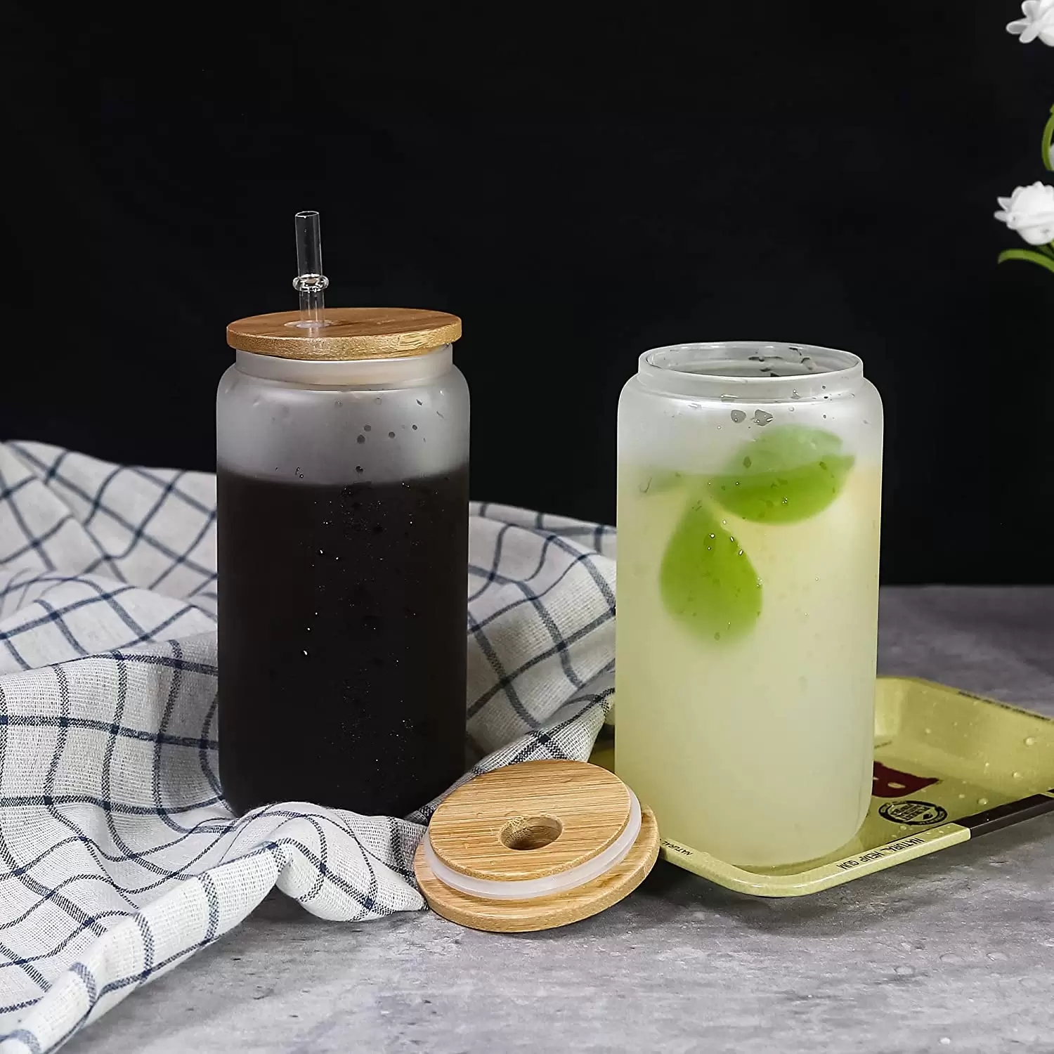 US CA Warehouse Water Bottles Sublimation 16Oz Glass Tumbler Cups Can Glasses Bamboo Lid Reusable Straw Mug Beer Transparent Frosted Soda Cup Drinking