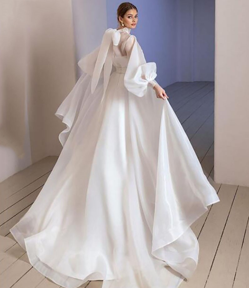 High Neck Organza Wedding Dress Long Puff Sleeve Bride Gown Simple A-line And Clean Vestido de novia 2023