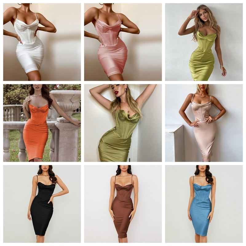 High Quality Summer Corset Dress Women White Spaghetti Strap Padded Bustier Satin Bodycon Sexy Party Clubwear 220510