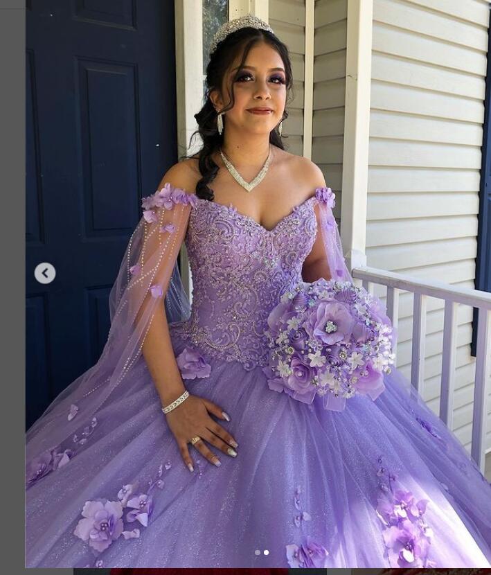 Light Blue Lavender Quinceanera Dresses Princess 2022 With Sleeves Beaded Florals Dubai Ball Gown Prom Dress Princess Birthday 15 Party Gowns Sweet 16