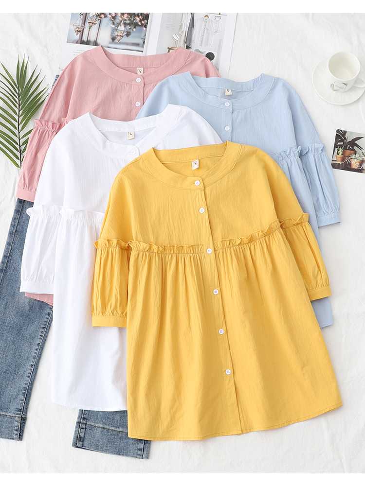 Women's T-Shirt Lamtrip Solid Color Half Sleeve Single Breasted Ruffles Stand Collar Shirt Cotton Tee Top 2022 SummerWomen's, Yellow
Women's T-Shirt Lamtrip Solid Color Half Sleeve Single Breasted Ruffles Stand Collar Shirt Cotton Tee Top 2022 SummerWomen's, Yellow