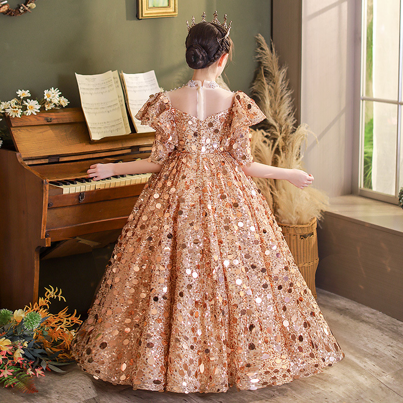 2023 Bling Crystal Flower Girls Dresses For Teens Tulle Floor Length Beach Gold sequined Girl Pageant Party Gowns Tulle Skirt Formal Kids Wear