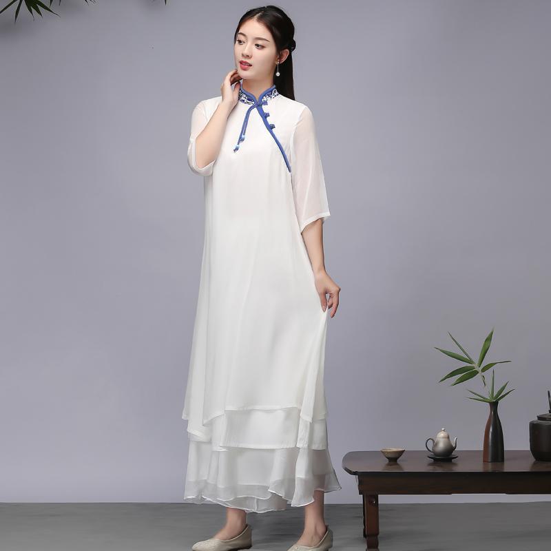 Women ethnic Clothing Hanfu Qipao Summer dress Chinese Style Vintage White Traditional Tang Suit Robe Oriental Clothes