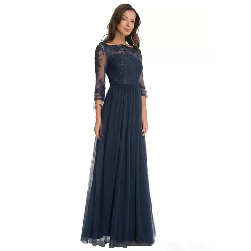 Hot Robe De Soiree Tulle Formal Bridesmaid Dresses Lace Scoop Neck Sheer Three Quarter Sleeves Floor Length Mother of the Bride Dresses