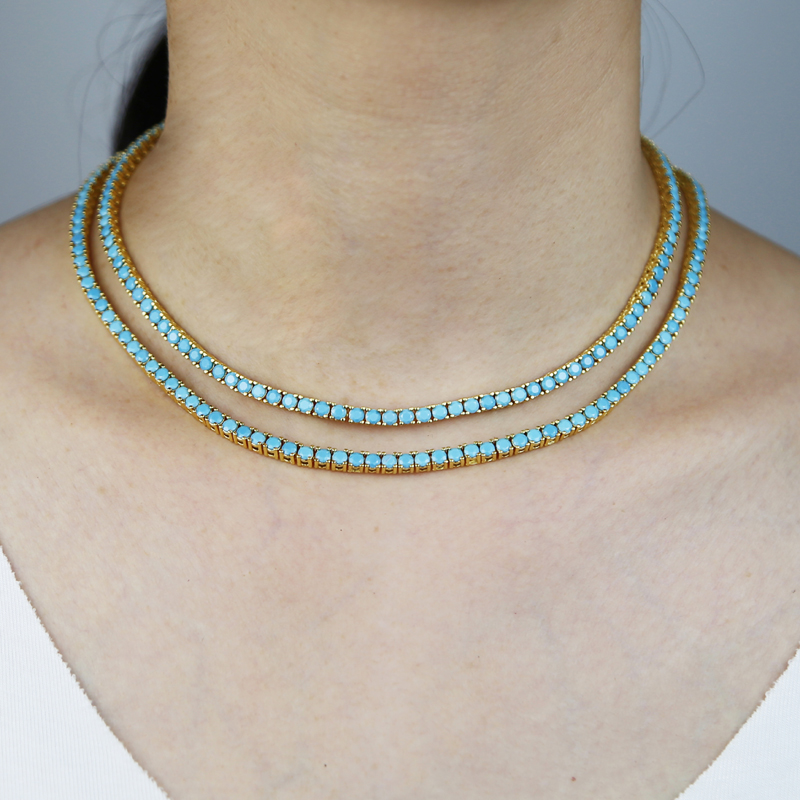 New fashion 3mm turquoise stone paved tennis chain necklace for women lady hip hop punk style wedding jewelry wholesale