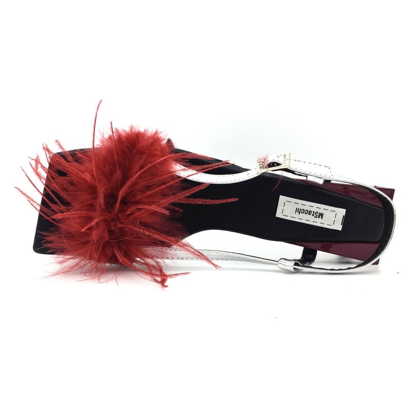 Mstacchi Summer Women Sandals A Word Type Strap Strange Heel True Feather Sandals Ornaments Alien Heel Ladies Party Shoes Woman 210226