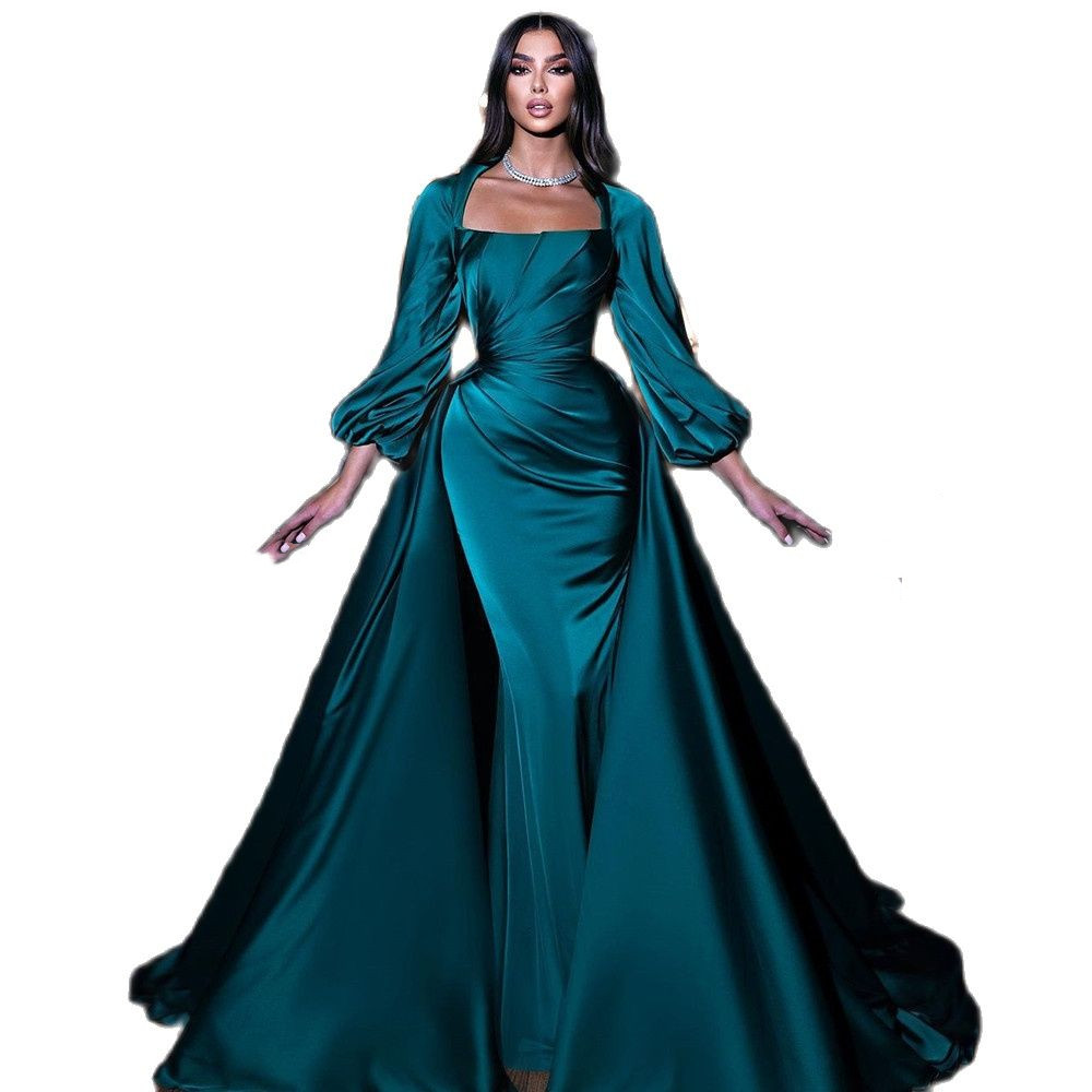 Green Mermaid Gown Prom Dresses Sexy Bateau Neck Satin Ruffles High Waist Long Sleeve Appliques Elegant Sweep Train Evening Formal Dresses Girls Gowns