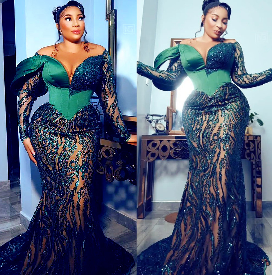 2022 Plus Size Arabic Aso Ebi Dark Green Mermaid Prom Dresses Sheer Neck Evening Formal Party Second Reception Birthday Engagement Gowns Dress ZJ206