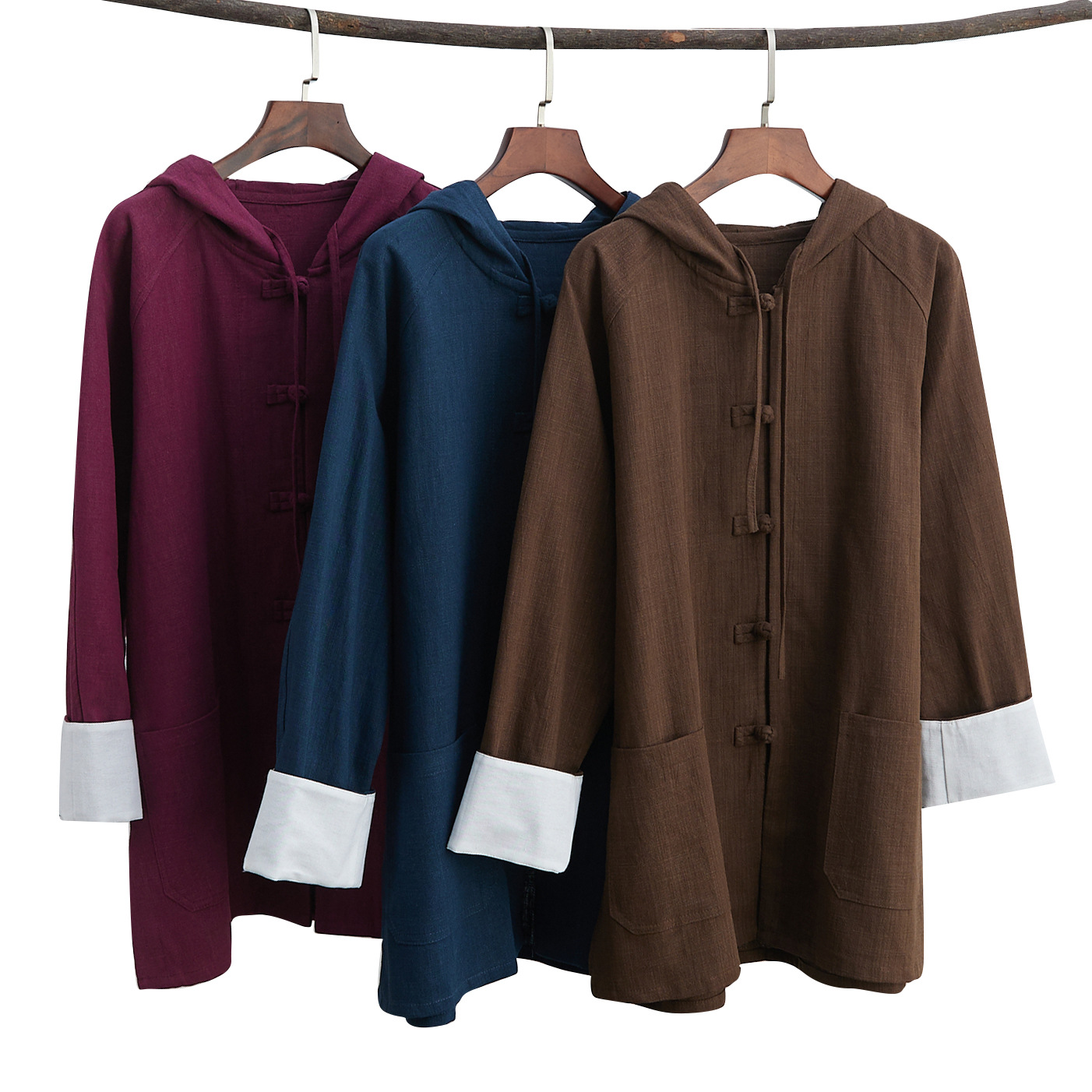 Improved ethnic clothing Hooded men's Tang Suit top Oriental costume Chinese traditional Hanfu male button outfit linen apparel
