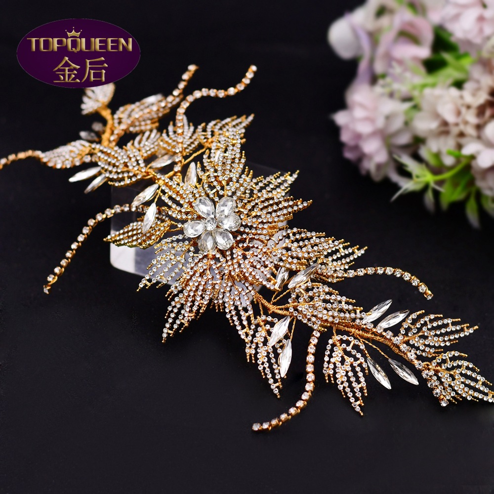 Gold Hollow Alloy Leaf Diamond Bridal Tiara Baroque Beautiful Headpieces Bride Ladies Jewelry Crowns Bride Wedding Crown Accessories European Retro Pa