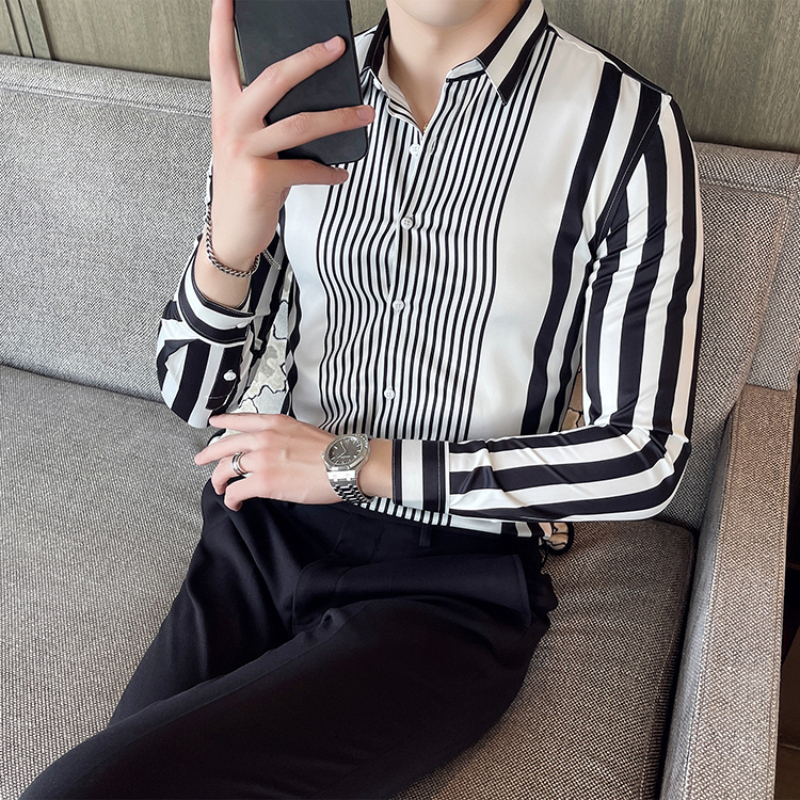 Autumn Long Sleeve Casual Shirts Fashion Striped Flower Male Business Formal Dress Slim Streetwear Blouse 220322