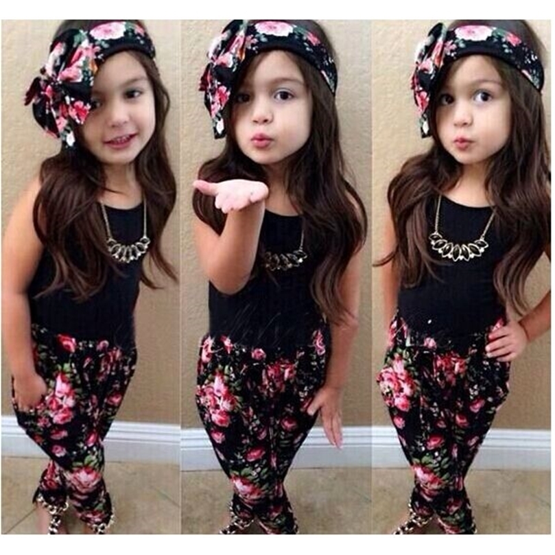 Summer Kids Girls Clothes Sleeveless Black Vest Floral Pants Scarf Children Fashion Style 3pcs Girl Clothing Sets 220507