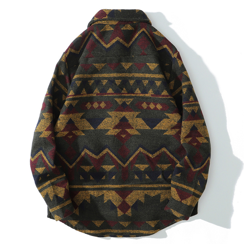Aolamegs Patchwork Color Retro Geometric Pattern Men Shirt Thick Casual Baggy Big Pockets Harajuku High Street Autumn Streetwear 220330