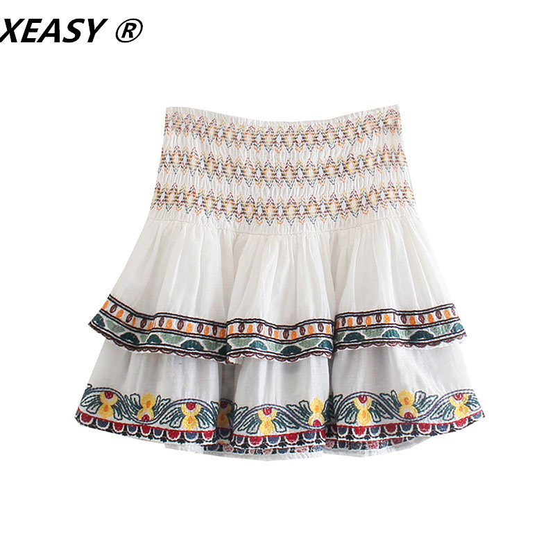 XEASY Women Fashion 2-Piece Set Vintage Flowers Batwing Sleeve Embroidered Shirt Female High Waist Mini Skirt Sweet Suits 220509
