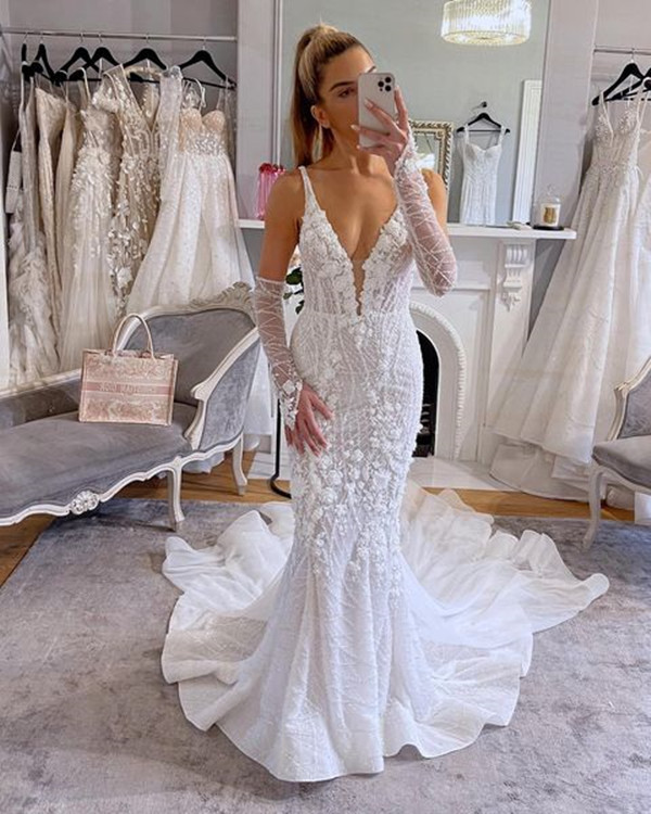 Pallas Couture Beach Mermaid Wedding Dresses with Long Sleeve Floral Lace Sexy Backless V-neck Bridal Gown Summer Holiday Abito sposa curvy