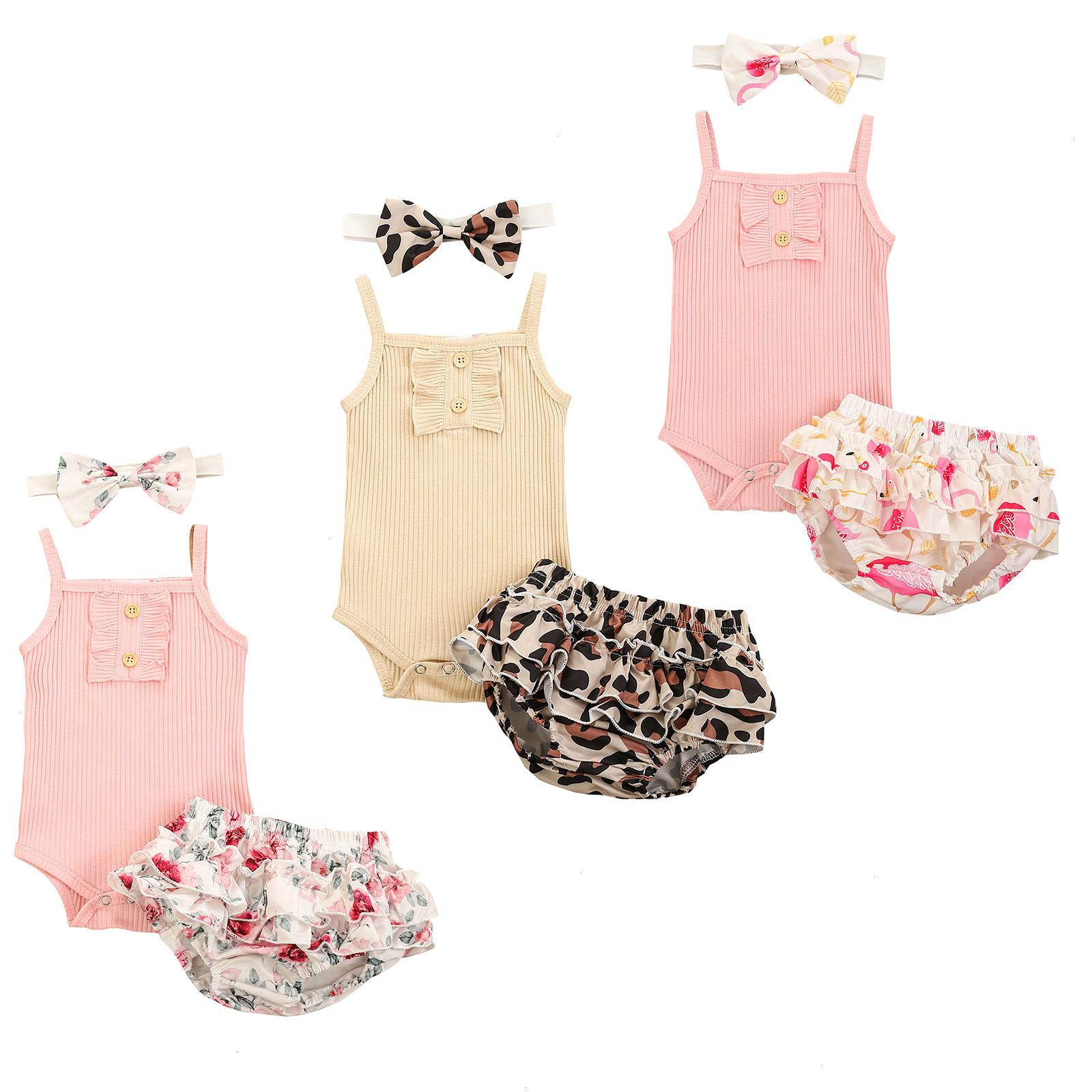 

Three Piece Baby Girl Set S Clothes Sweet Solid Color Suspender Romper And Flamingo Shorts With Headband