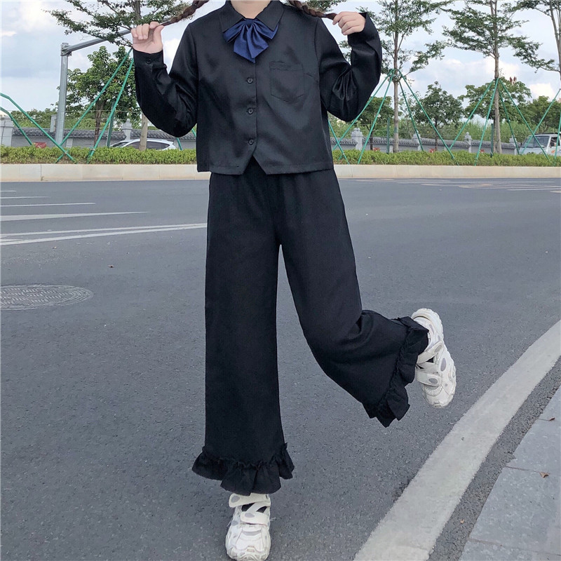 Japanese Kawaii Soft Girl Women Pants Sweet Ruffled Basis Wild High Waist Loose Trousers Elastic Casual Solid Student Pant 220325