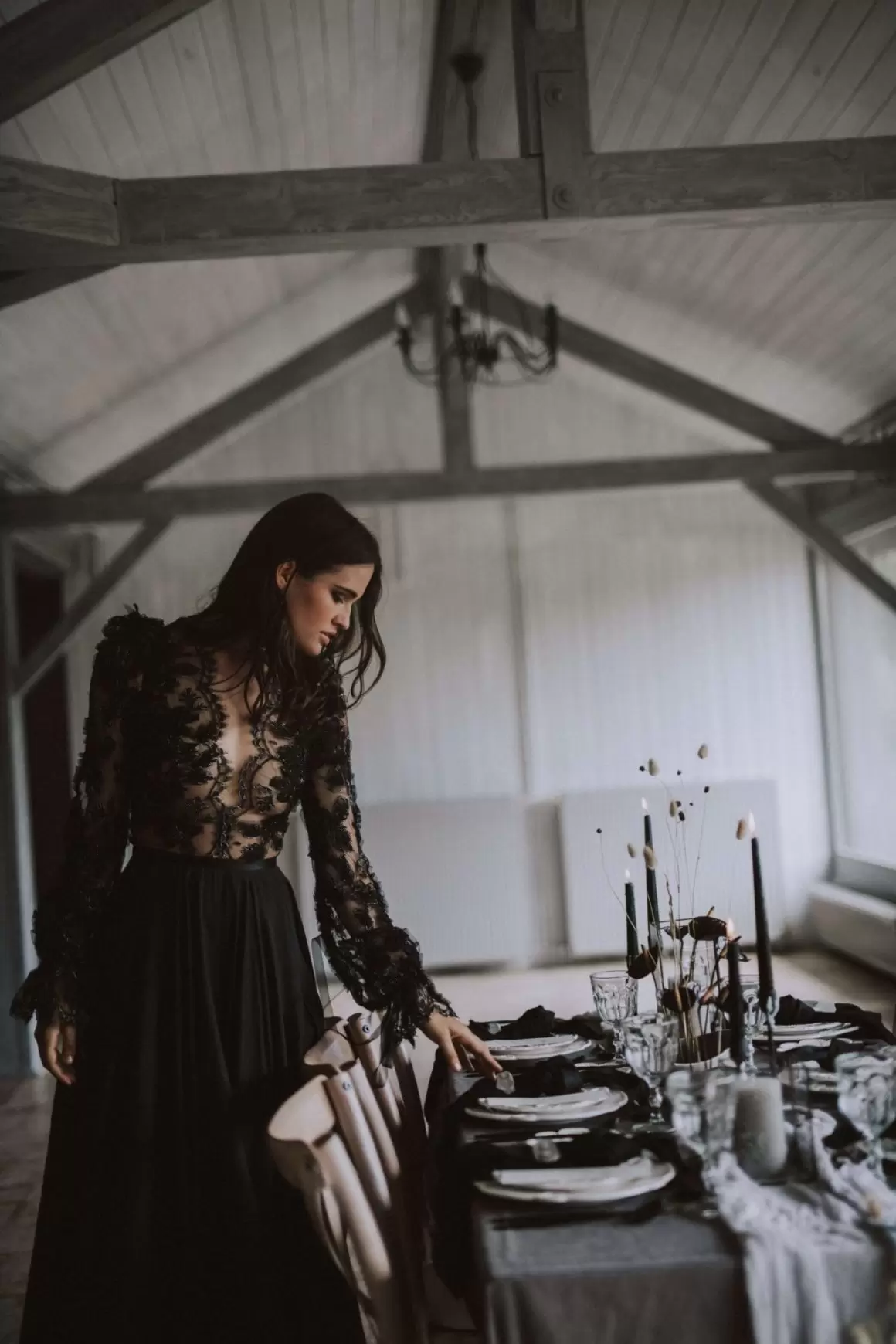 Bridal Black Wedding Dresses Gown Boho Lace Applique Illusion Bodice Chiffon Sweep Train Gothic Tulle Long Sleeves Custom Made Robe De Mariee Plus Siz