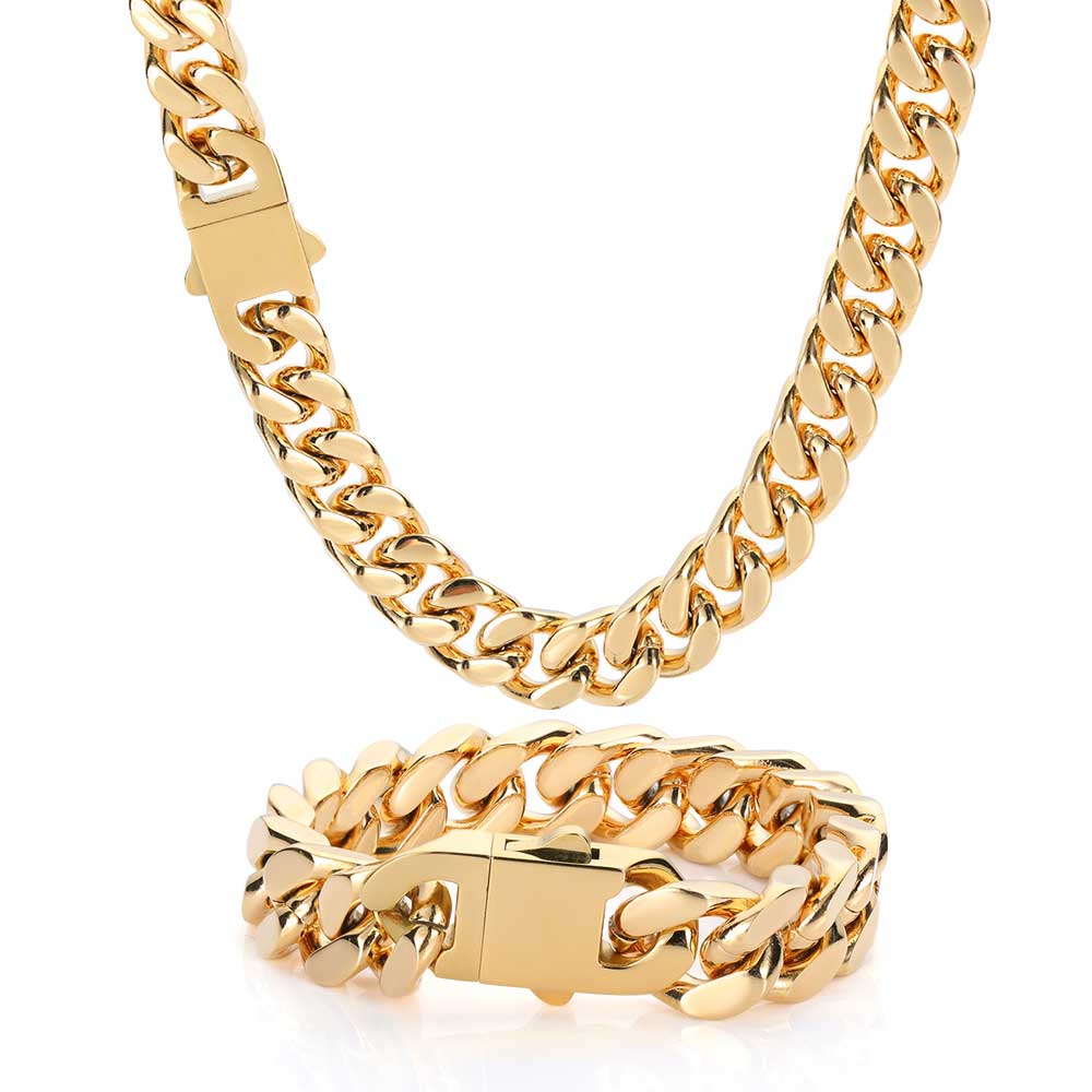 Cuban Link Chain Necklace Bracelet Jewelry Set Heavy 18K Gold Plated Stainless Steel Metal Necklace for Boys Girls with Design Spring Buckle