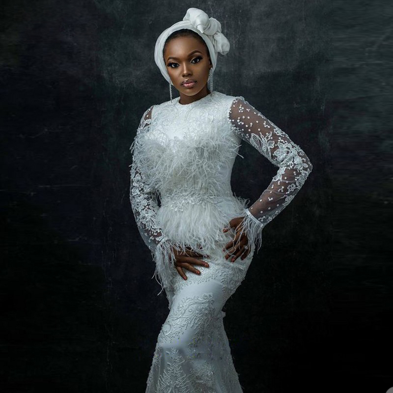 White Mermaid Dress With Feather Long Sleeve Jewel Beads Applique Lace Formal Occasion Custom Made Floor-length